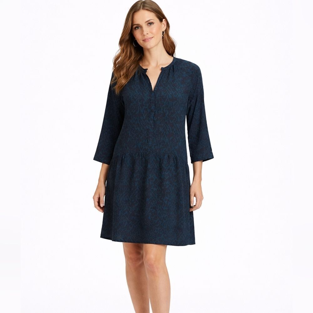 Comptoir Des Cotonniers Blue Abstract Long Sleeve Silk Midi Dress Size Small